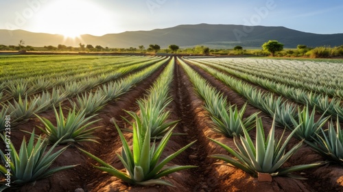 Aloe vera plantation panorama. Medicine cactus growing landscape © Pixel Pine