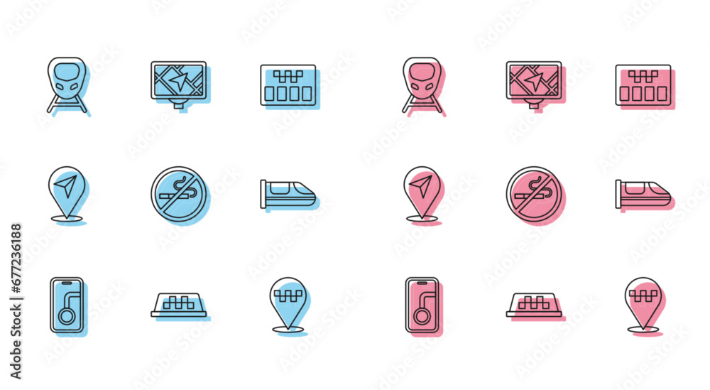 Set line City map navigation, Taxi car roof, High-speed train, Location with taxi, No Smoking, and Gps device icon. Vector