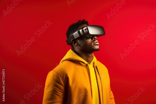 Portrait African american man in vr glasses, playing video games with virtual reality headset © Inna