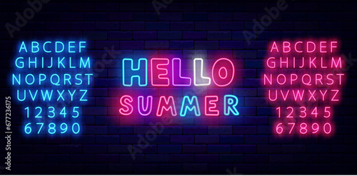 Hello summer neon typography badge. Colorful handwritten text. Party celebration. Vector stock illustration