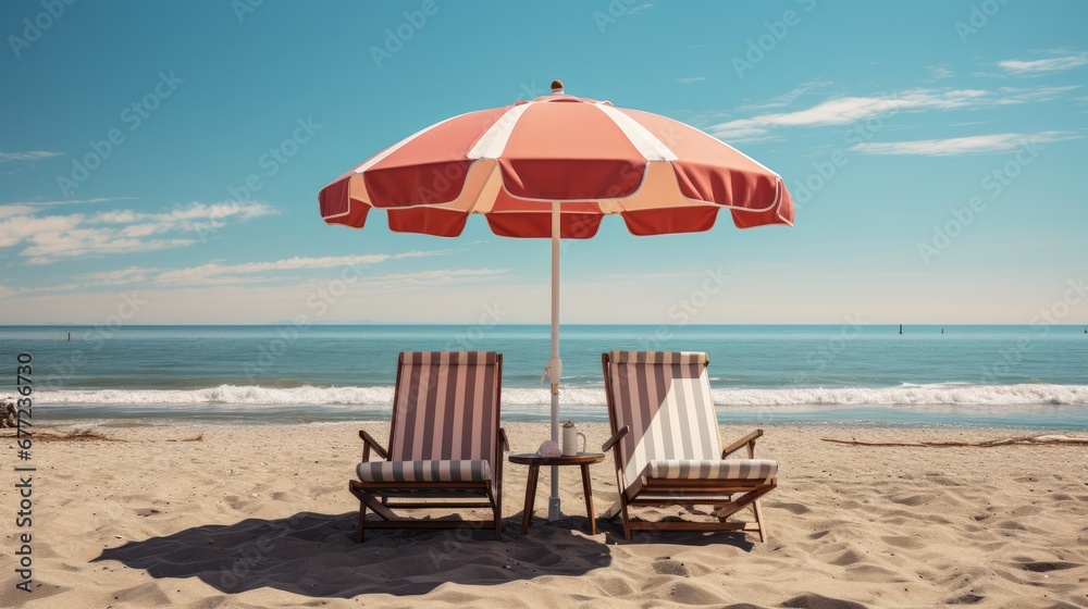 Beach chairs with umbrella on beach