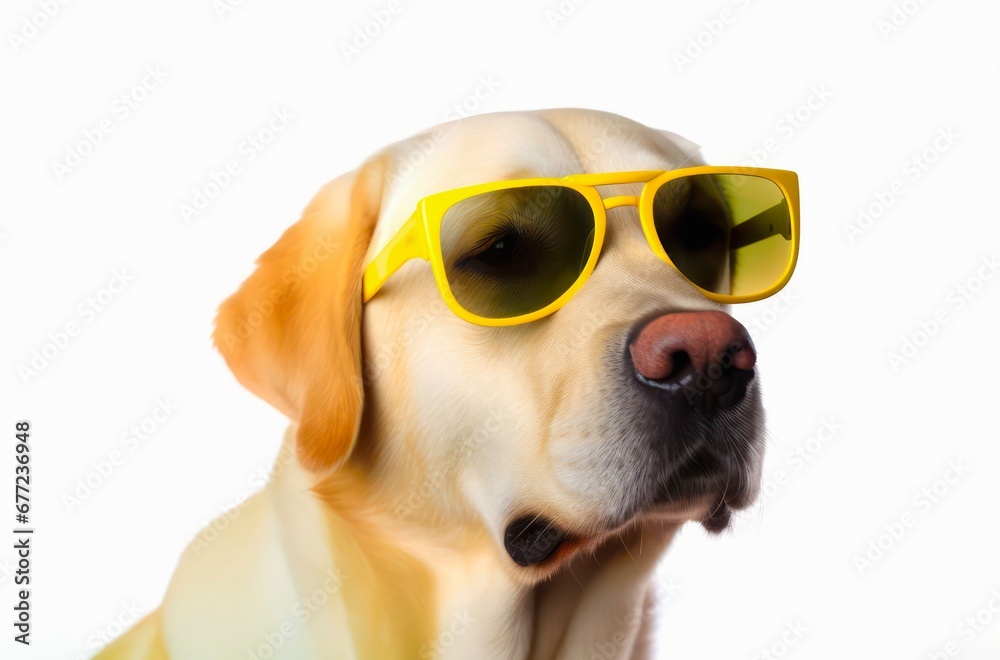 Funny golden Labrador Retriever dog with sunglasses on white background.