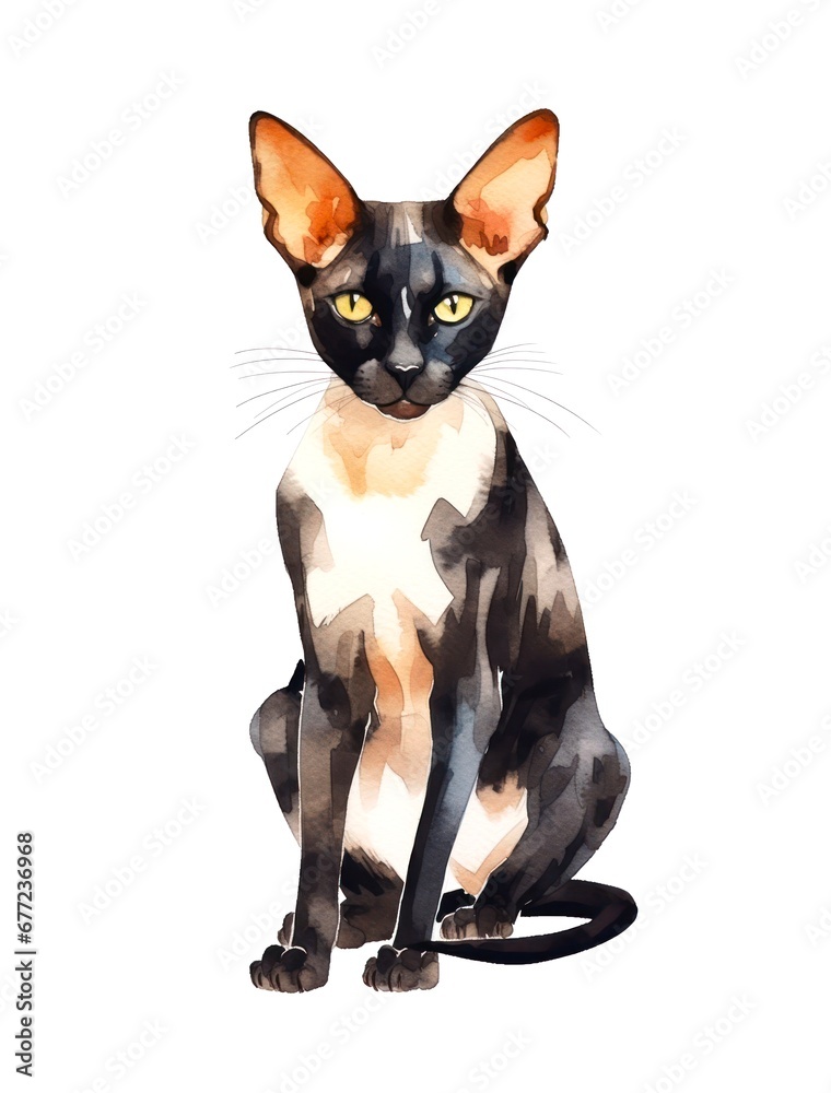 Black and white oriental cat on white background in watercolor style.