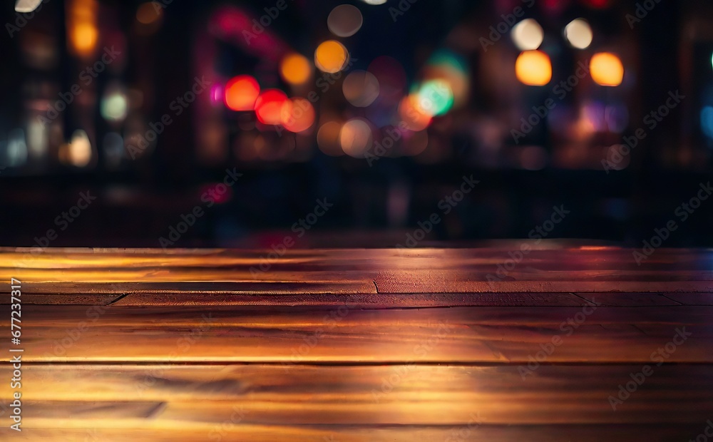 Vivid dark wood table with blurred lights, creating a captivating isolated background against a wooden surface.