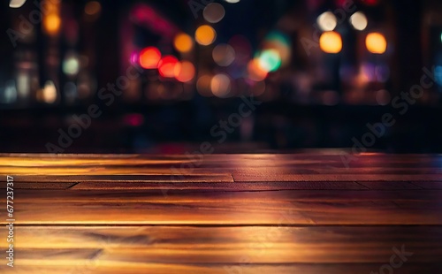 Vivid dark wood table with blurred lights, creating a captivating isolated background against a wooden surface.