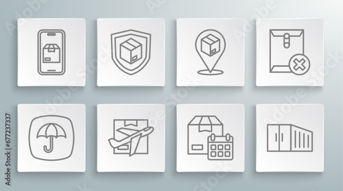 Set line Delivery package with umbrella, security shield, Plane and cardboard box, Cardboard calendar, Container, Location, Delete envelope and Mobile app delivery tracking icon. Vector