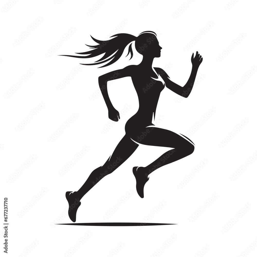 Graceful Strides: Black and White Vector Silhouettes of Running Women, Depicting the Elegance and Strength Found in Every Step.