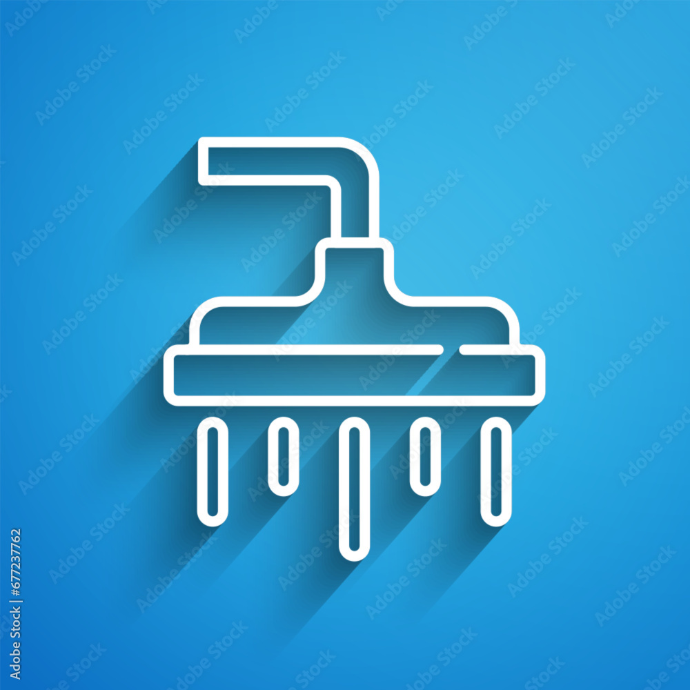 White line Shower head with water drops flowing icon isolated on blue background. Long shadow. Vector White line Shower head with water drops flowing icon isolated on blue background. Long shadow. Vector