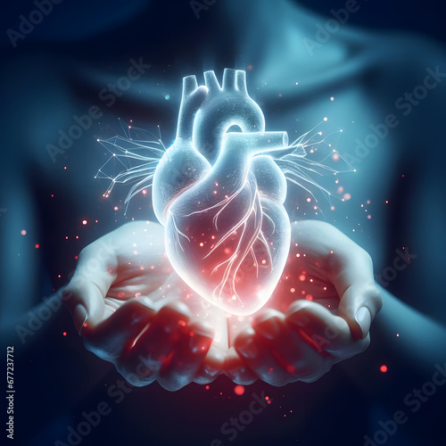 a naturalistic model of a Human Heart: A Detailed Medical Illustration, Glowing human heart in hands.
