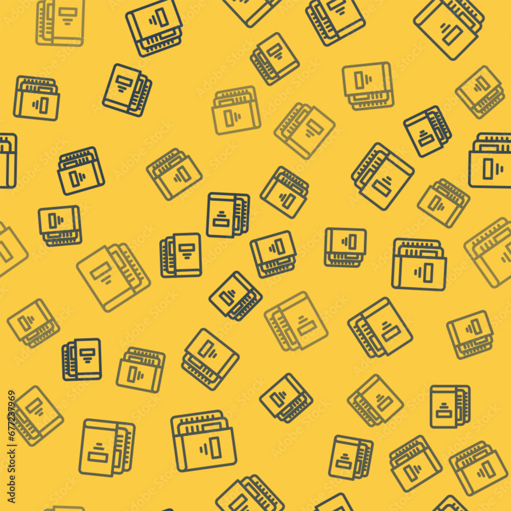 Blue line Office folders with papers and documents icon isolated seamless pattern on yellow background. Office binders. Archives folder sign. Vector