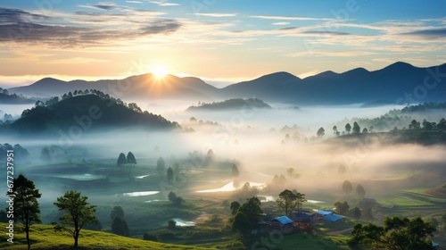Beautiful sunrise struck by rays shine into sky flashed hazy valley covered all the wonderful landscape made in DA Lat, Vietnam's highlands.