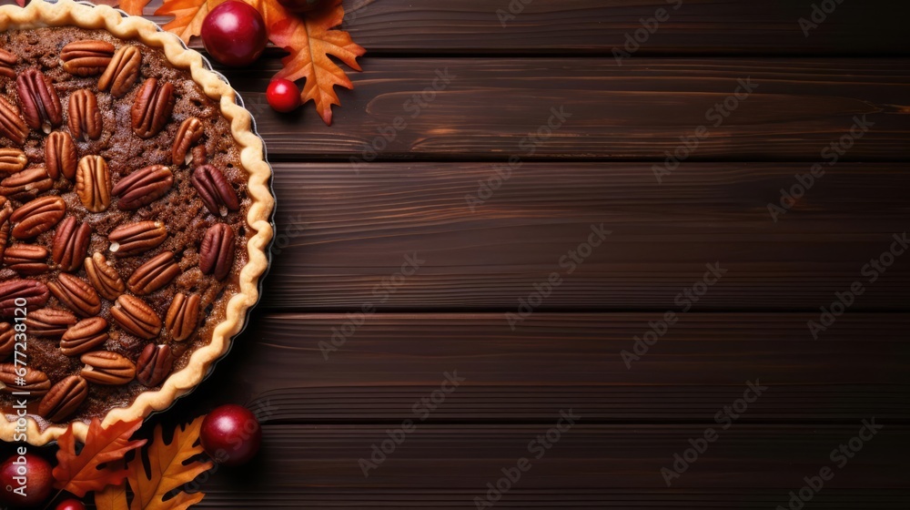 Pecan pie on brown wood plank table flat lay with copyspace top view fall food Thanksgiving cooking banner - obrazy, fototapety, plakaty 