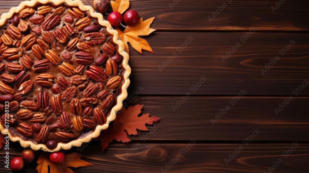 Pecan pie on brown wood plank table flat lay with copyspace top view fall food Thanksgiving cooking banner