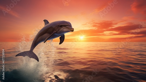 At sunset, a beautiful dolphin leaps from the ocean to the Sun. Dolphin against an orange backdrop A wild dolphin leaps. © Nazia