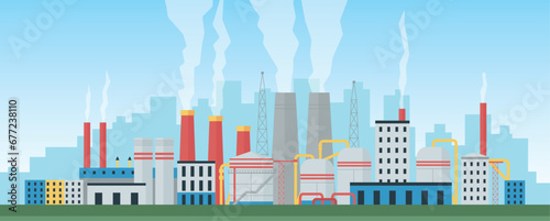 Factory zone in city. Industrial park with warehouses, pipes and tanks. Modern manufacture and town silhouette. Pollution decent vector scene