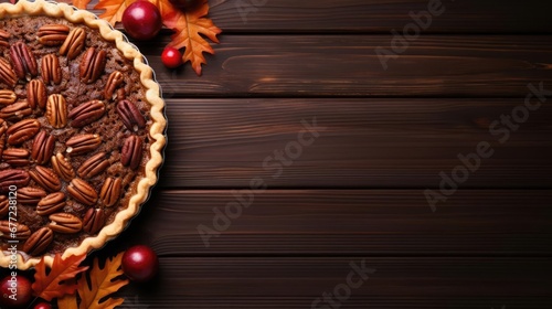 Pecan pie on brown wood plank table flat lay with copyspace top view fall food Thanksgiving cooking banner photo