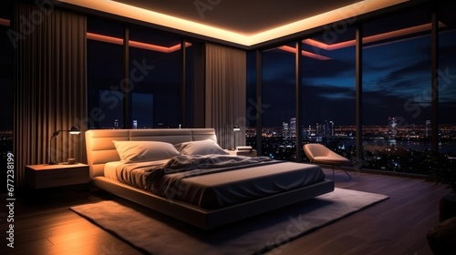 penthouse bedroom at night dark gloomy A room with a view of the city from the bed  photo