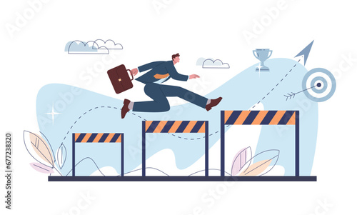 Running with obstacles to goal. Businessman jump over hurdles, run to success. Office worker overcoming barriers, problems difficulties. Kicky corporate vector concept