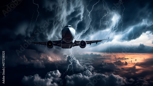 Jet airliner maneuvering through lightning in stormy night skies. photo