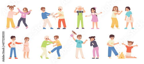 Children incorrect behavior. Bad emotions and abuse, bullying at friends and siblings. Problems in kindergarten, cartoon toddlers snugly vector set
