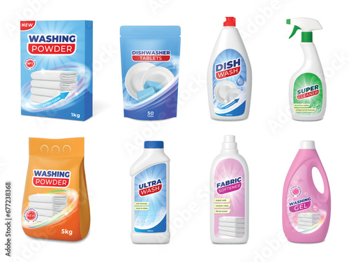 Realistic isolated product package. White detergents packs, plastic bottles and boxes. Spray bottle, washing powder bag pithy vector ads elements