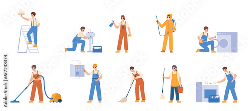 Cartoon repairman characters. Electrician, plumber and disinfector, cleaning service staff workers. Female male characters snugly vector set photo
