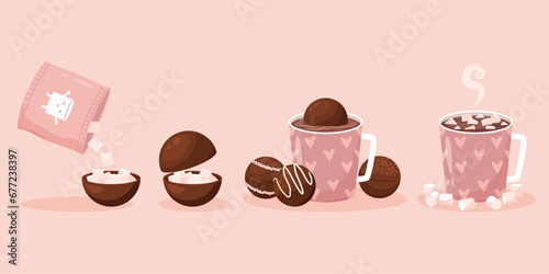 Chocolate bombs for hot milk or cocoa. Tiny marshmallows in choco sphere. Sweet childish dessert, make delicious drink with candies, snugly vector concept