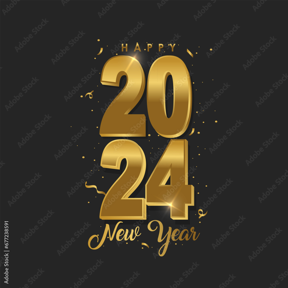 2024 Happy New Year greeting card vector template. Golden numbers with confetti realistic illustration on black background. 2024 Happy New Year greeting card vector template. Golden numbers with confetti realistic illustration on black background.