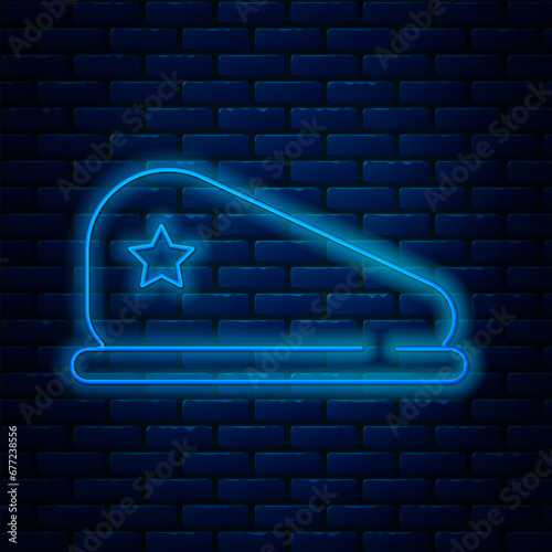 Glowing neon line Military beret icon isolated on brick wall background. Soldiers cap. Army hat. War baret. Vector