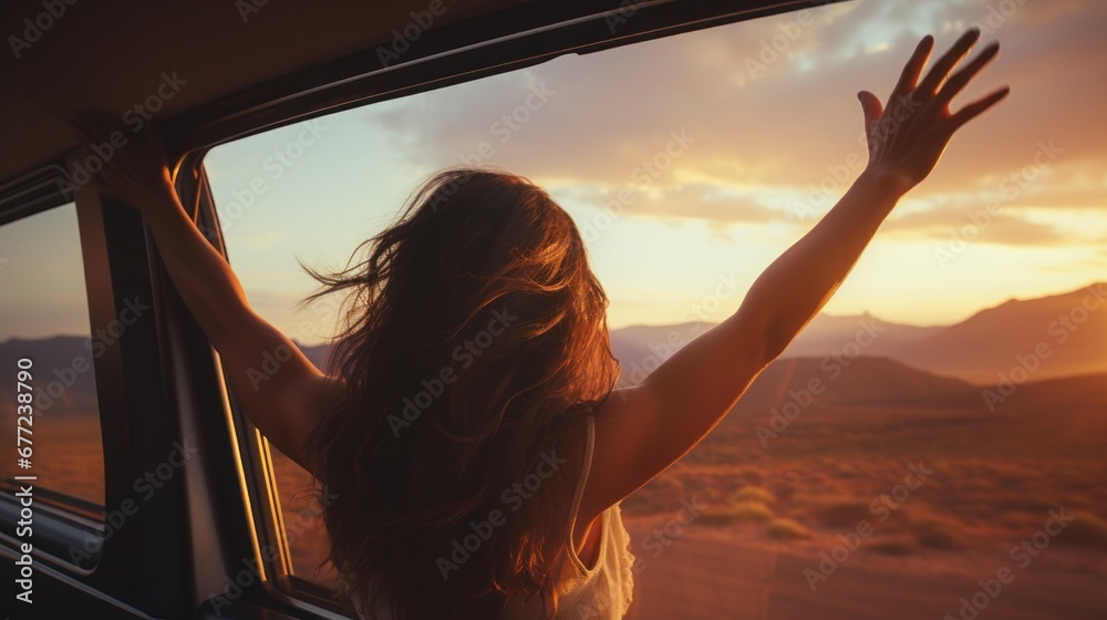 Happy woman stretches her arms while sticking out car window. Lifestyle, travel, tourism, nature, car, person, travel, females, summer, happy - obrazy, fototapety, plakaty 