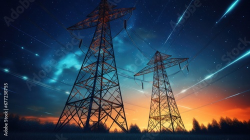 Electricity transmission towers with orange glowing wires the starry night sky. Energy infrastructure concept, energy, electricity, voltage, supply, pylon, technology. photo