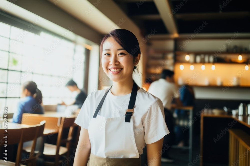 Asian woman wearing apron at a cafe working