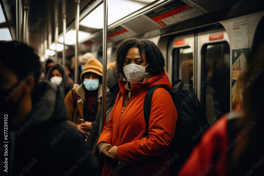 People on subway train wearing covid masks People on subway train wearing covid masks