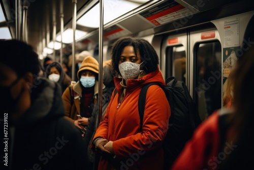 People on subway train wearing covid masks