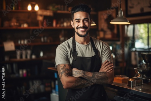 Barista with tattoos smiling face portrait