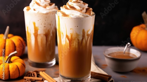 Pumpkin caramel iced latte with whipped cream and caramel syrup