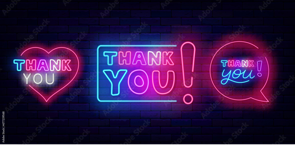Thank you neon labels collection. Heart and speech bubble frame. Frame with exclamation mark. Vector stock illustration