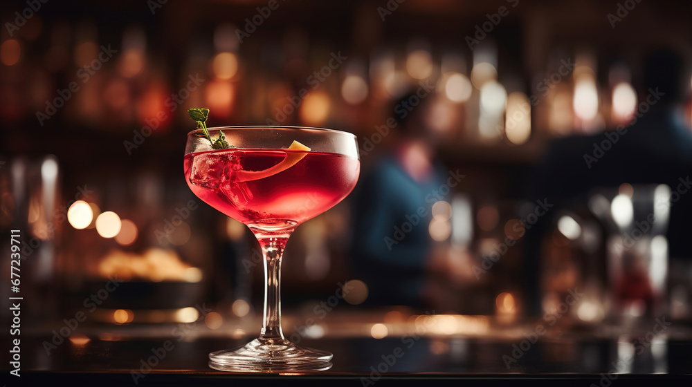 Red cocktail with blurred bar background, empty copy space