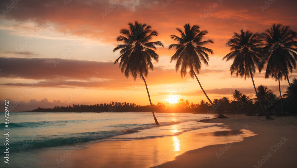 The magic of a wonderful tropical sunset on the beach with palm tree silhouettes, ideal for summer travel and holidays, a guide for lovers of the most beautiful beaches in the world