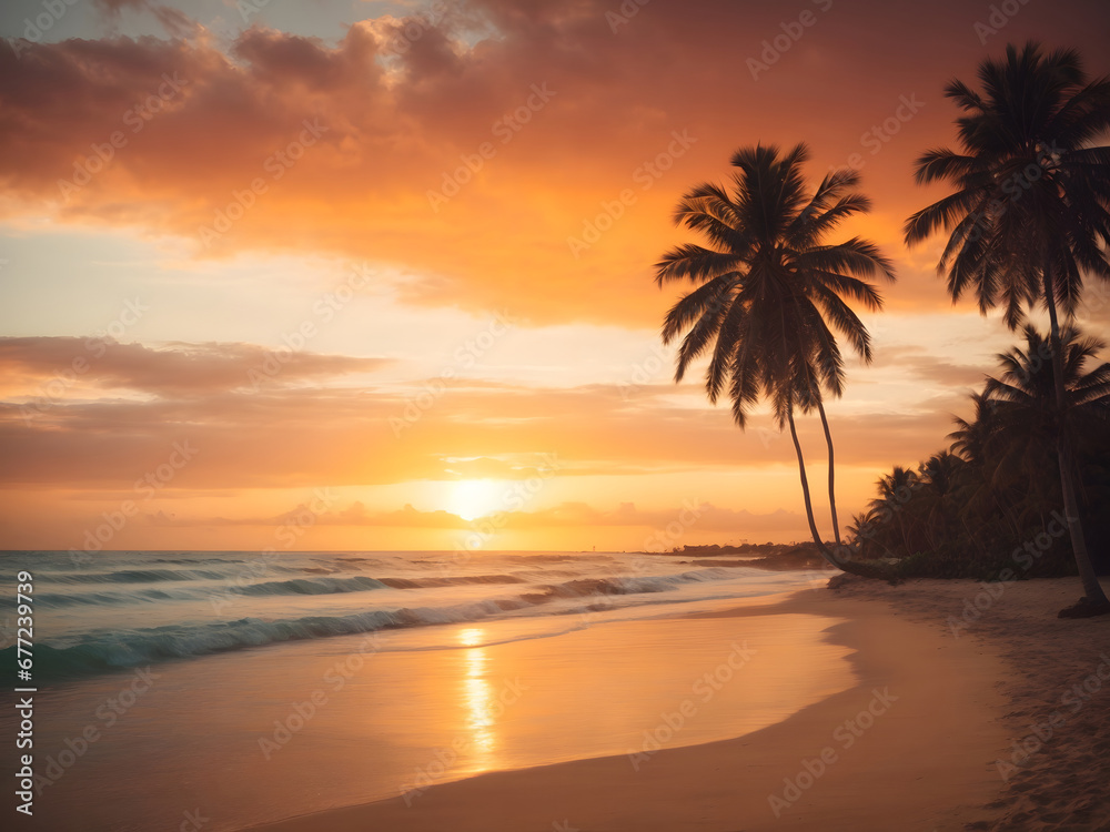 The magic of a wonderful tropical sunset on the beach with palm tree silhouettes, ideal for summer travel and holidays, a guide for lovers of the most beautiful beaches in the world