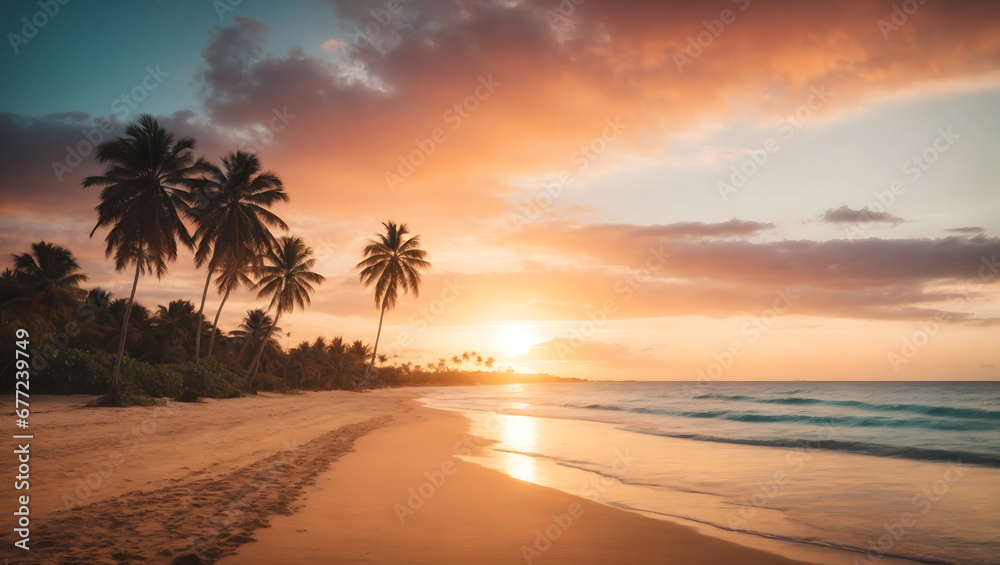 The magic of a wonderful tropical sunset on the beach with palm tree silhouettes, ideal for summer travel and holidays, a guide for lovers of the most beautiful beaches in the world