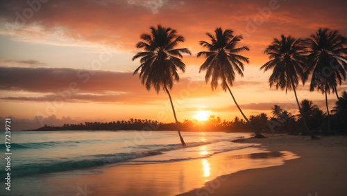 The magic of a wonderful tropical sunset on the beach with palm tree silhouettes, ideal for summer travel and holidays, a guide for lovers of the most beautiful beaches in the world © yahya