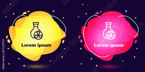 Set line Laboratory chemical beaker with toxic liquid icon isolated on blue background. Biohazard symbol. Dangerous symbol with radiation icon. Abstract banner with liquid shapes. Vector