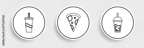 Set line Glass of lemonade with drinking straw, Paper glass and water and Slice pizza icon. Vector