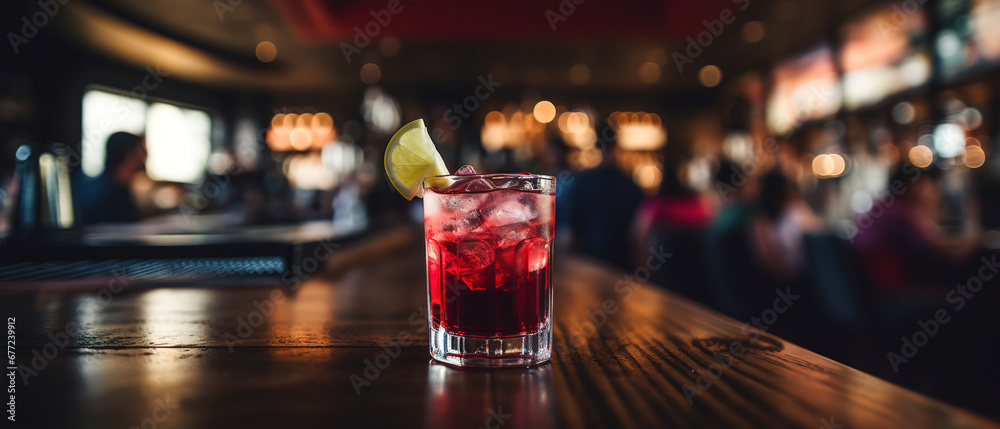 Red cocktail with blurred bar background, empty copy space