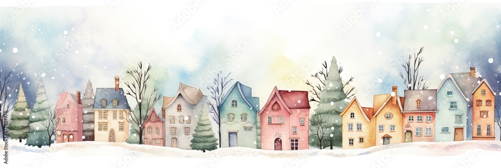 Whimsical Watercolor Winter Scene - Town Illustration.