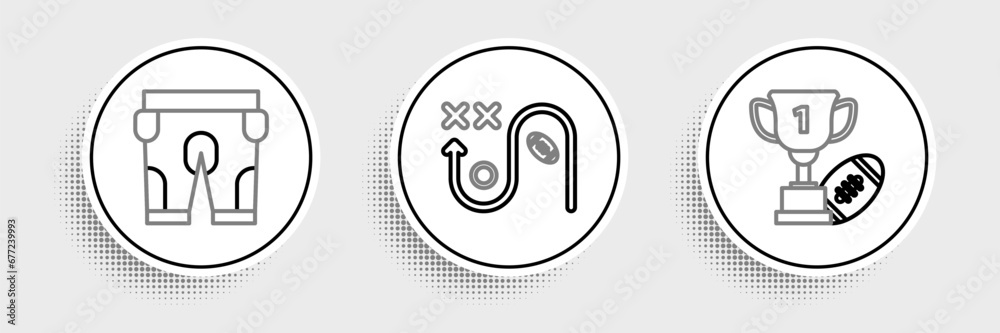 Set line Award cup and American football ball, shorts and Planning strategy concept icon. Vector Set line Award cup and American football ball, shorts and Planning strategy concept icon. Vector