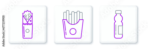 Set line Bottle of water, Doner kebab and Potatoes french fries in carton package box icon. Vector