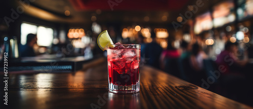 Red cocktail with blurred bar background, empty copy space © Uwe