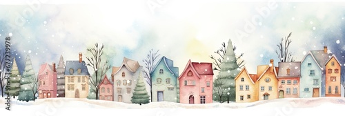 Whimsical Watercolor Winter Scene - Town Illustration.